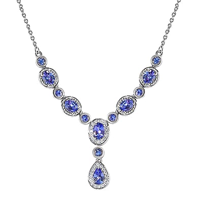 AAA Tanzanite and White Zircon Necklace 18-20 Inches in Platinum Over Sterling Silver 3.35 ctw