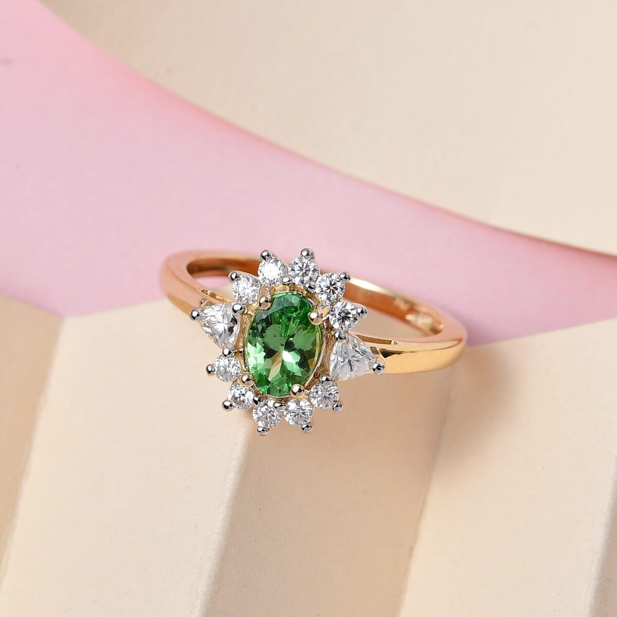 LUXORO 10K Yellow Gold Premium Natural Tsavorite Garnet and Moissanite Sunburst Ring 2.15 Grams 1.25 ctw image number 1