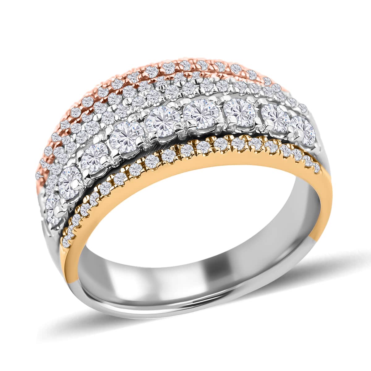 14K Yellow, White and Rose Gold Multi Row Diamond Ring (Size 7.0) 4.70 Grams 1.00 ctw image number 0