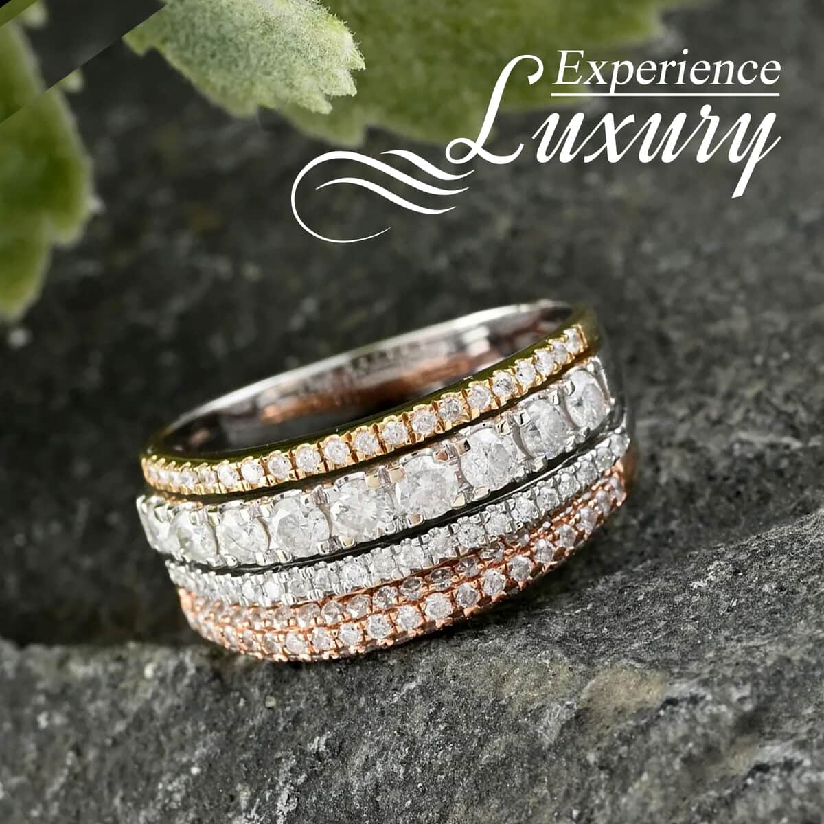 14K Yellow, White and Rose Gold Multi Row Diamond Ring (Size 7.0) 4.70 Grams 1.00 ctw image number 1
