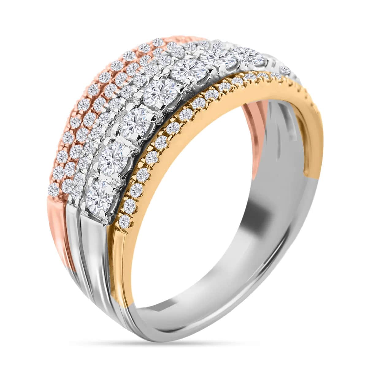 14K Yellow, White and Rose Gold Multi Row Diamond Ring (Size 7.0) 4.70 Grams 1.00 ctw image number 3
