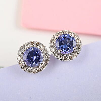 Ankur Treasure Chest Certified & Appraised Luxoro 14K White Gold AAAA Tanzanite and Diamond Halo Stud Earrings, AAAA Tanzanite Earrings, Diamond Halo Studs, 14K White Gold Earrings 1.40 ctw