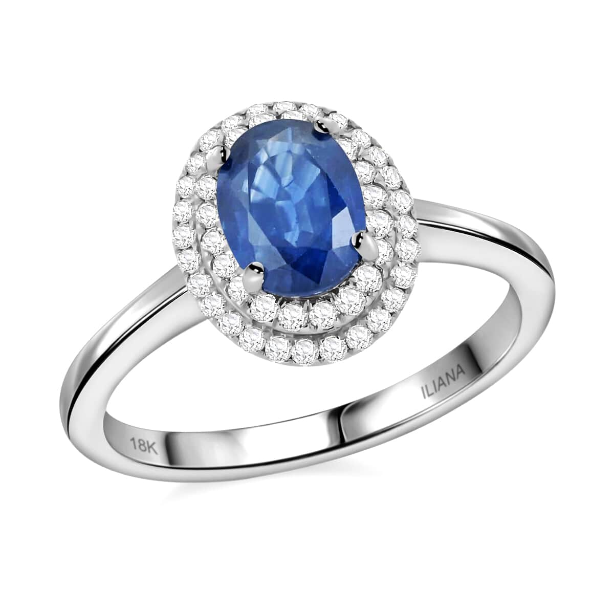 Certified & Appraised ILIANA 18K White Gold AAA Madagascar Blue Sapphire, Diamond (G-H, SI) (0.21 cts) Double Halo Ring (Size 6.0) (3.50 g) 1.05 ctw image number 0