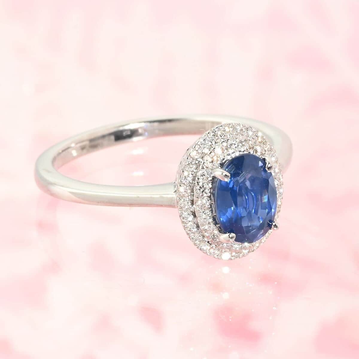 Certified & Appraised ILIANA 18K White Gold AAA Madagascar Blue Sapphire, Diamond (G-H, SI) (0.21 cts) Double Halo Ring (Size 6.0) (3.50 g) 1.05 ctw image number 1