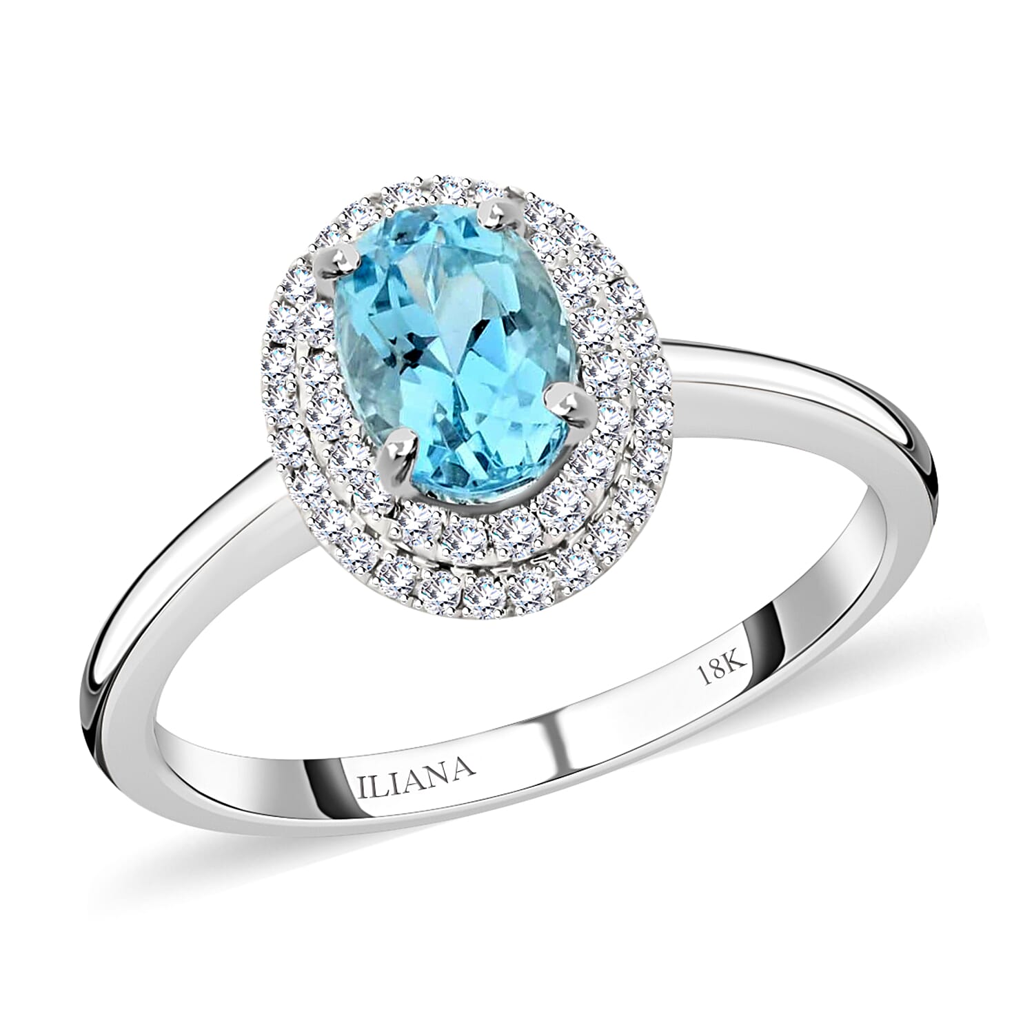 Certified & Appraised Iliana 18K White Gold AAA Santa Maria Aquamarine and G-H SI Diamond Double Halo Ring (Size 7.0) 1.00 ctw