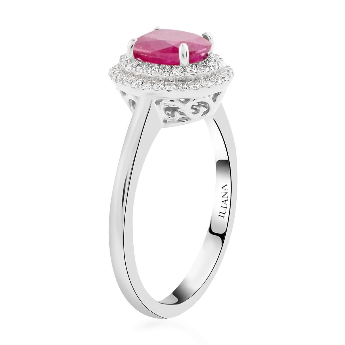  Dan Dennis Deal 18K White Gold AAAA Royal Ruby and G-H SI Diamond Double Halo Ring (Size 6.0) 3.50 Grams 1.10 ctw image number 3