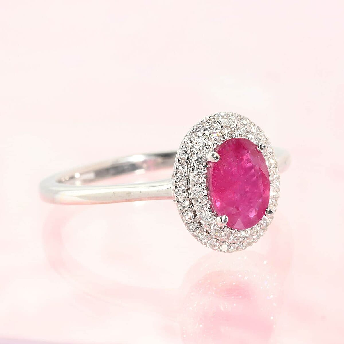 Iliana AAAA Royal Ruby and G-H SI Diamond 1.10 ctw Double Halo Ring in 18K White Gold (Size 7.0) image number 1