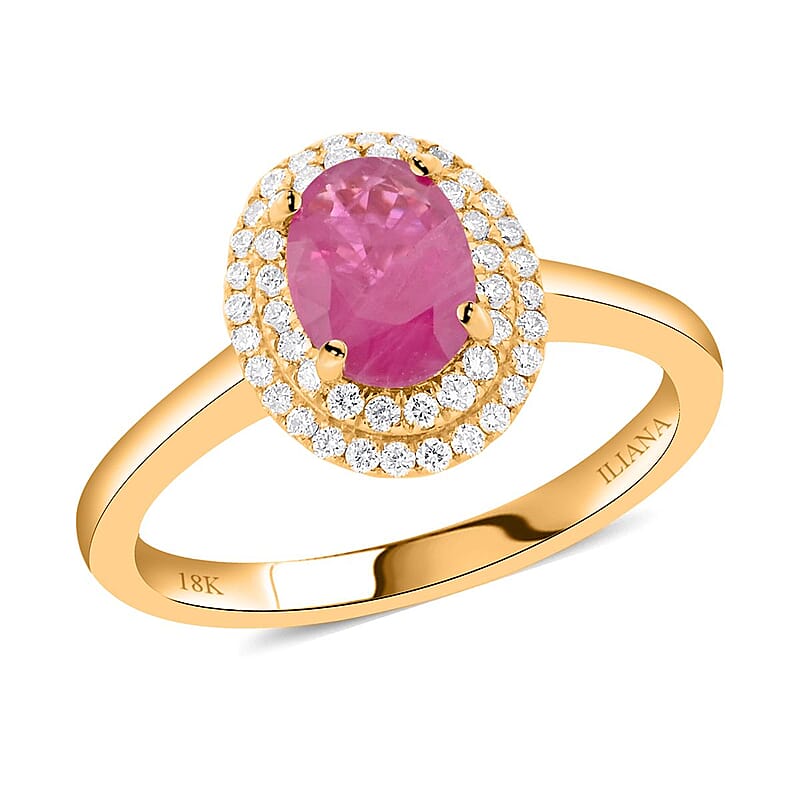 Certified and Appraised Iliana 18K Yellow Gold AAA Mozambique Ruby and G-H SI Diamond Double Halo Ring (Size 9.0) 1.10 ctw