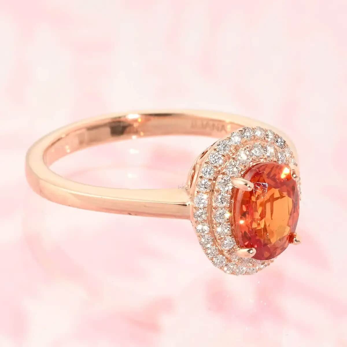 Doorbuster Certified & Appraised ILIANA 18K Rose Gold AAA Songea Sapphire and G-H SI Diamond Double Halo Ring 3.50 Grams 1.20 ctw image number 1