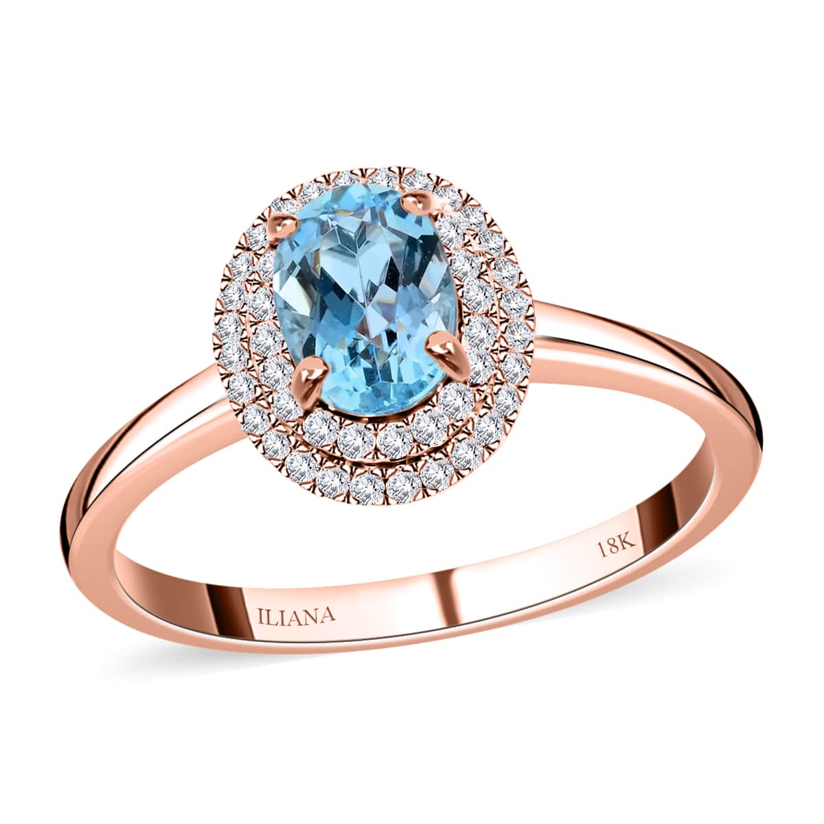 Doorbuster Certified & Appraised ILIANA 18K Rose Gold AAA Santa Maria Aquamarine and G-H SI Diamond Double Halo Ring 1.00 ctw image number 0