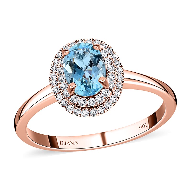 Certified & Appraised Iliana 18K Rose Gold AAA Santa Maria Aquamarine and G-H SI Diamond Double Halo Ring (Size 10.0) 1.00 ctw