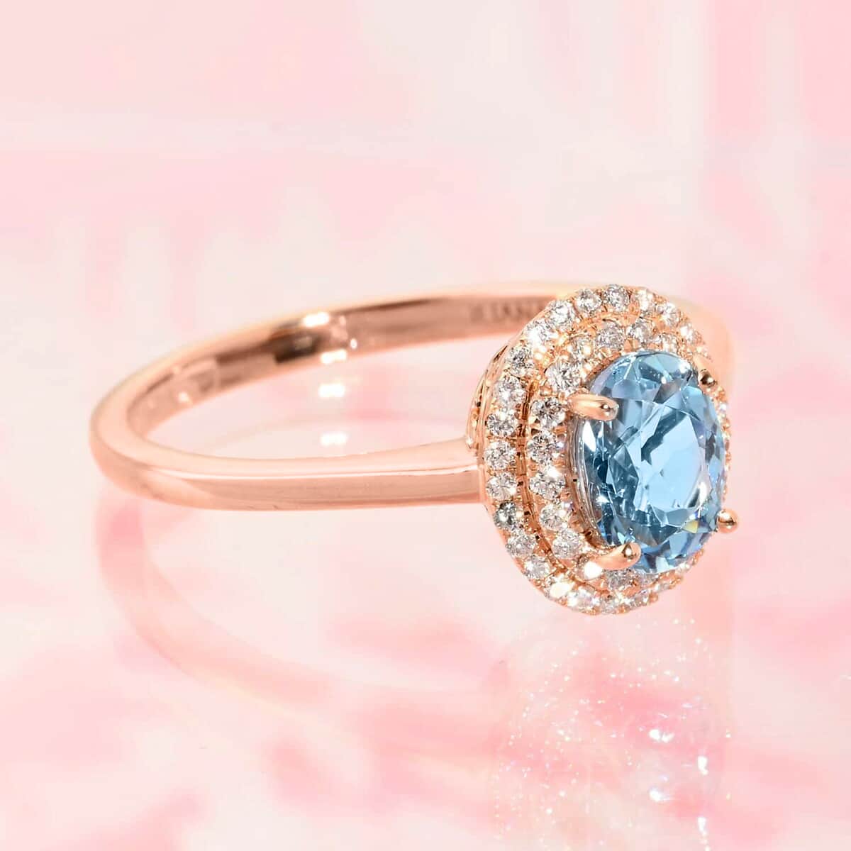 Doorbuster Certified & Appraised ILIANA 18K Rose Gold AAA Santa Maria Aquamarine and G-H SI Diamond Double Halo Ring 1.00 ctw image number 1