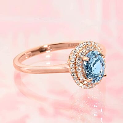 Certified & Appraised Iliana 18K Rose Gold AAA Santa Maria Aquamarine and G-H SI Diamond Double Halo Ring (Size 10.0) 1.00 ctw