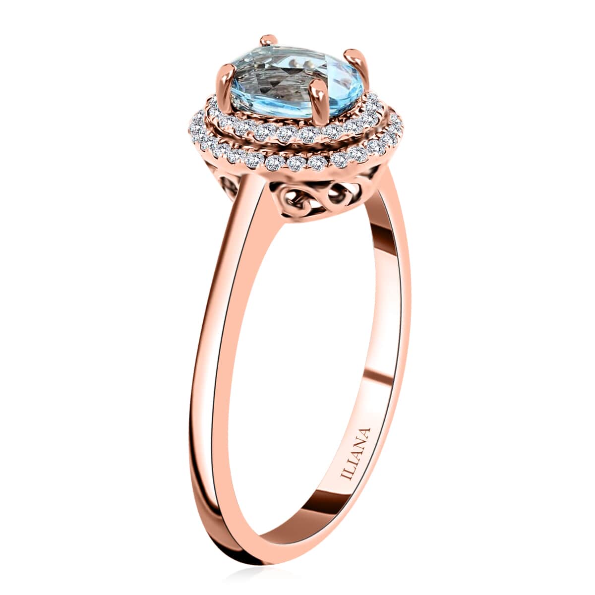 Doorbuster Certified & Appraised ILIANA 18K Rose Gold AAA Santa Maria Aquamarine and G-H SI Diamond Double Halo Ring 1.00 ctw image number 3