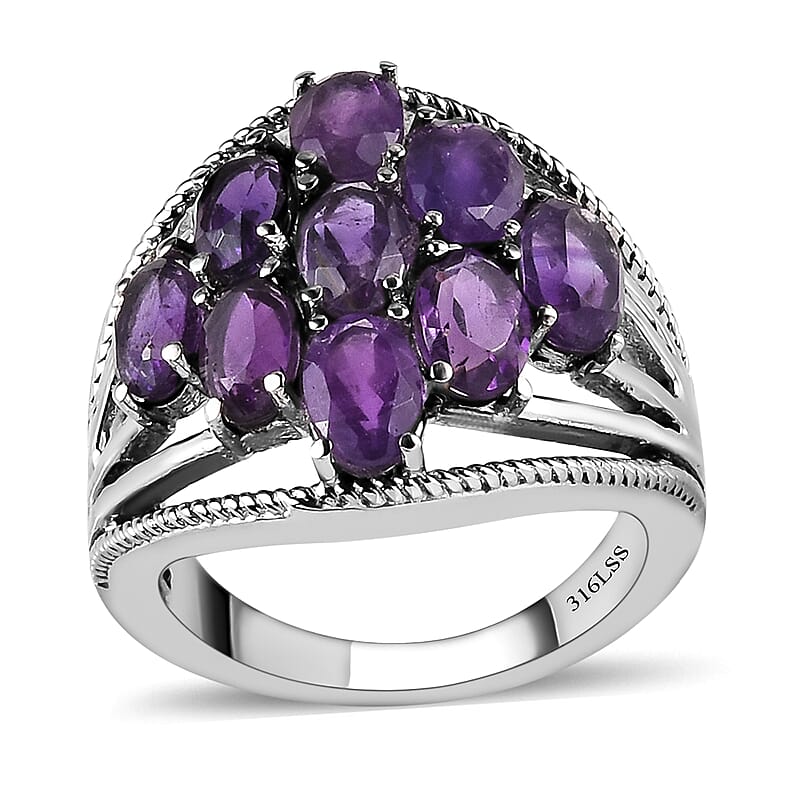 Amethyst Multi Shank Ring in Stainless Steel (Size 10.0) 3.50 ctw