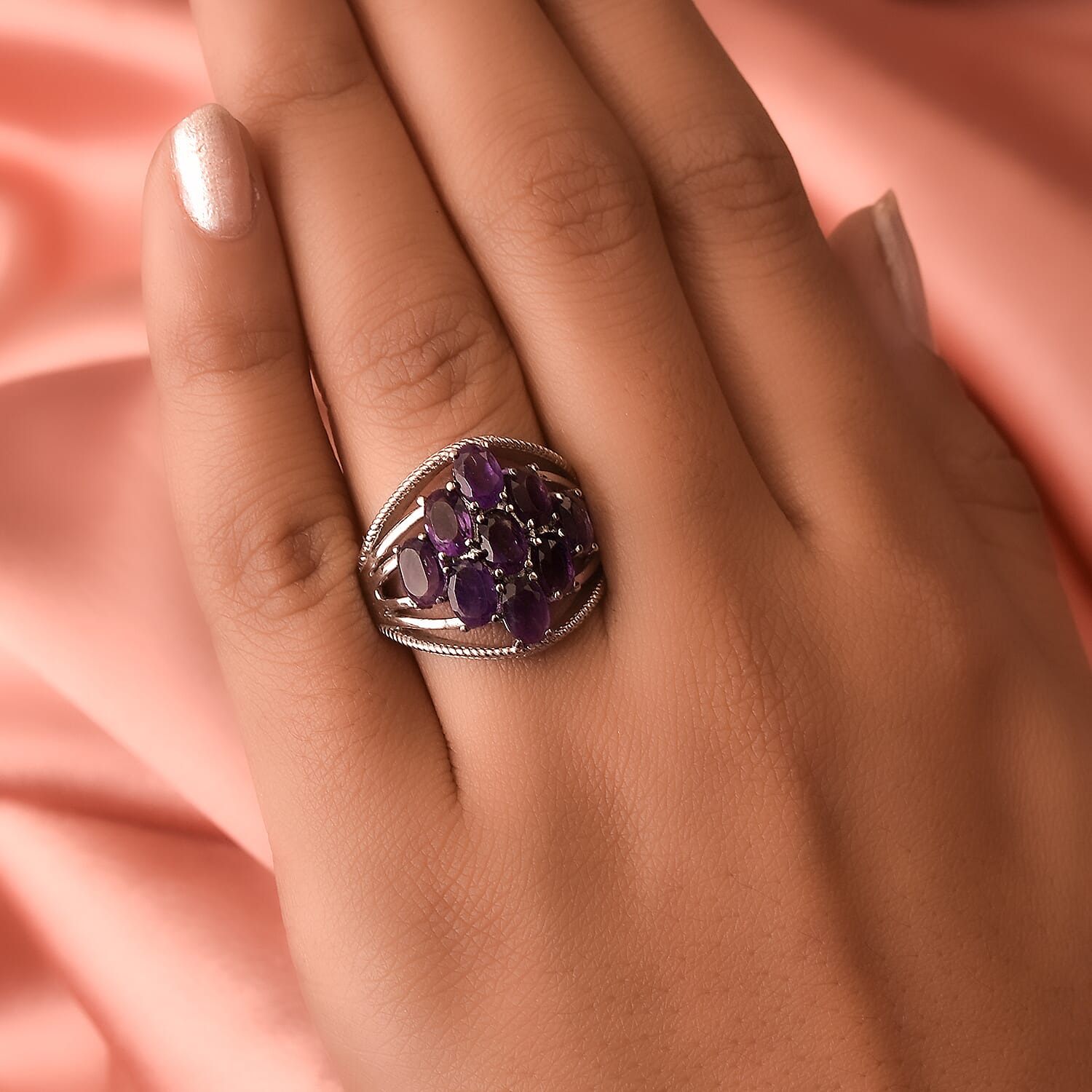 Amethyst Multi Shank Ring in Stainless Steel (Size 10.0) 3.50 ctw