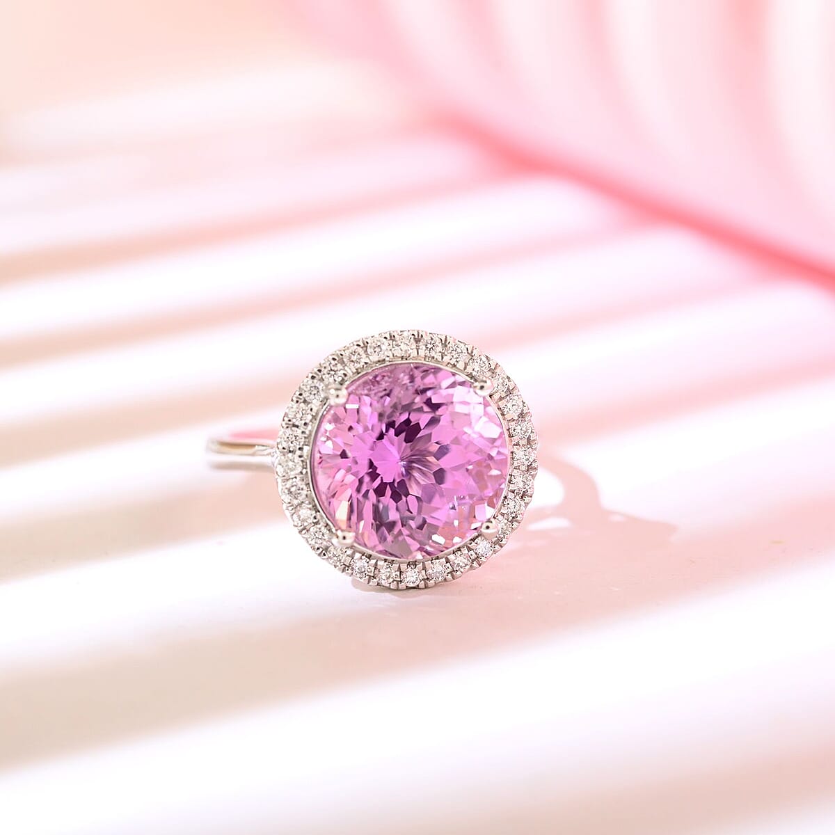 Doorbuster Certified & Appraised RHAPSODY 950 Platinum AAAA Patroke Kunzite and E-F VS Diamond Halo Ring 6.20 Grams 6.55 ctw image number 1