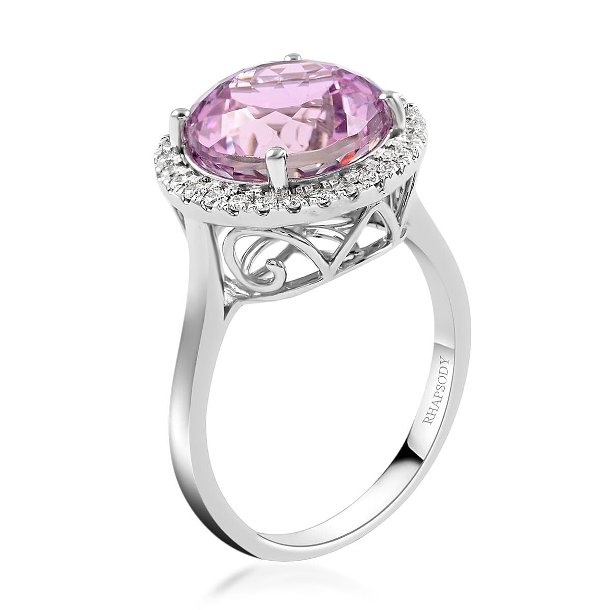 Doorbuster Certified & Appraised RHAPSODY 950 Platinum AAAA Patroke Kunzite and E-F VS Diamond Halo Ring 6.20 Grams 6.55 ctw image number 3