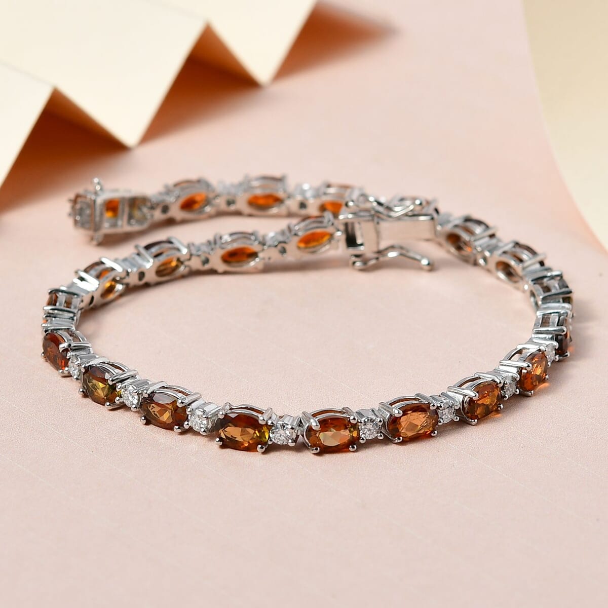 Natural Tanzanian Golden Tourmaline and Moissanite Bracelet in Platinum Over Sterling Silver (6.50 In) 9.75 Grams 8.75 ctw image number 1