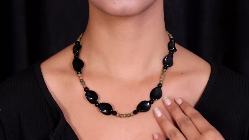 Black Agate and Unakite Beaded Necklace 20 Inches in Sterling Silver 181.30 ctw
