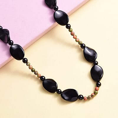 Black Agate and Unakite Beaded Necklace 20 Inches in Sterling Silver 181.30 ctw
