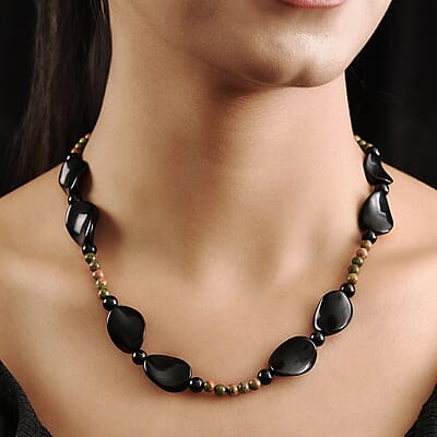 Black Agate and Unakite Beaded Necklace 20 Inches in Sterling Silver 181.30 ctw