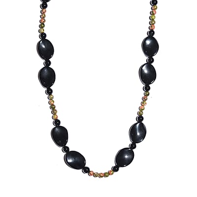 Black Agate and Unakite Beaded Necklace 20 Inches in Sterling Silver 181.30 ctw