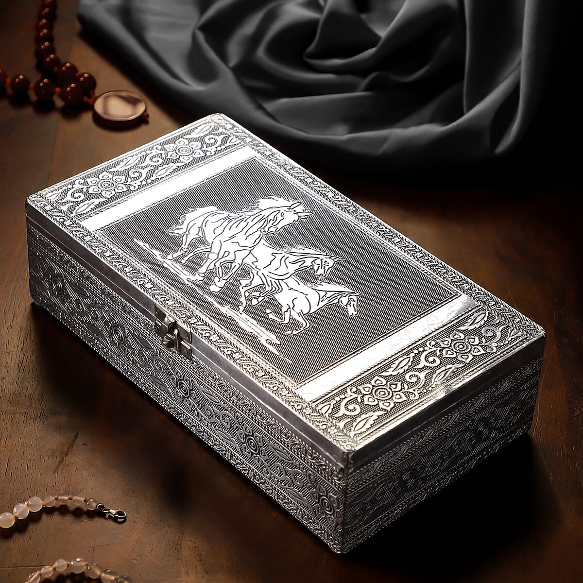 "Horse Embossed Aluminium Oxidized Storage Box Size: 11(L)x6(W)x3(H) inches" image number 1