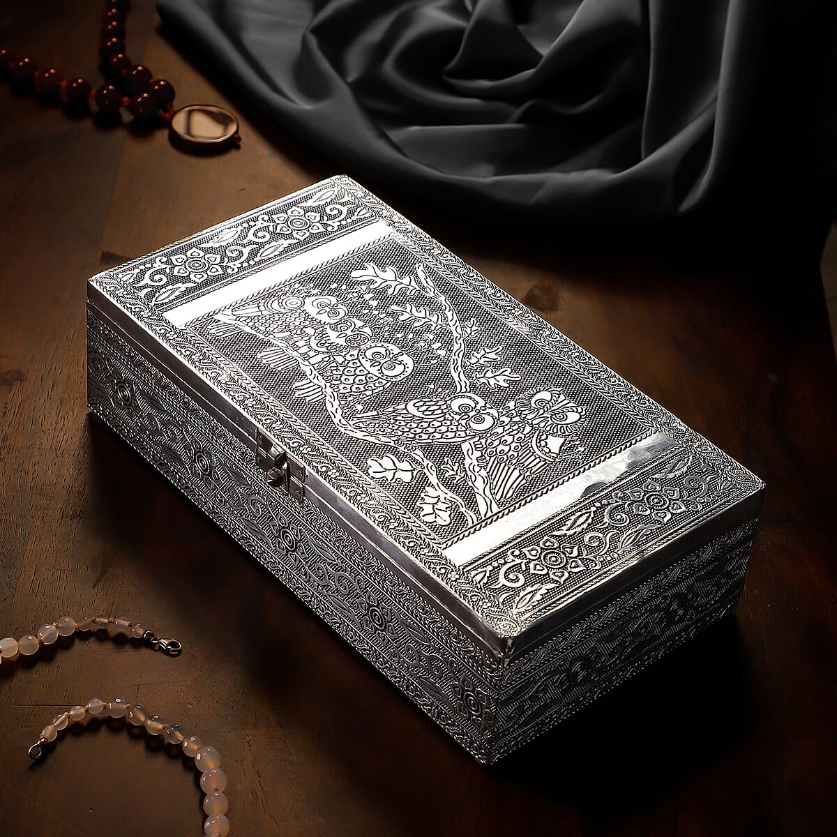 Handcrafted Owl Embossed Aluminium Oxidized Storage Box image number 1