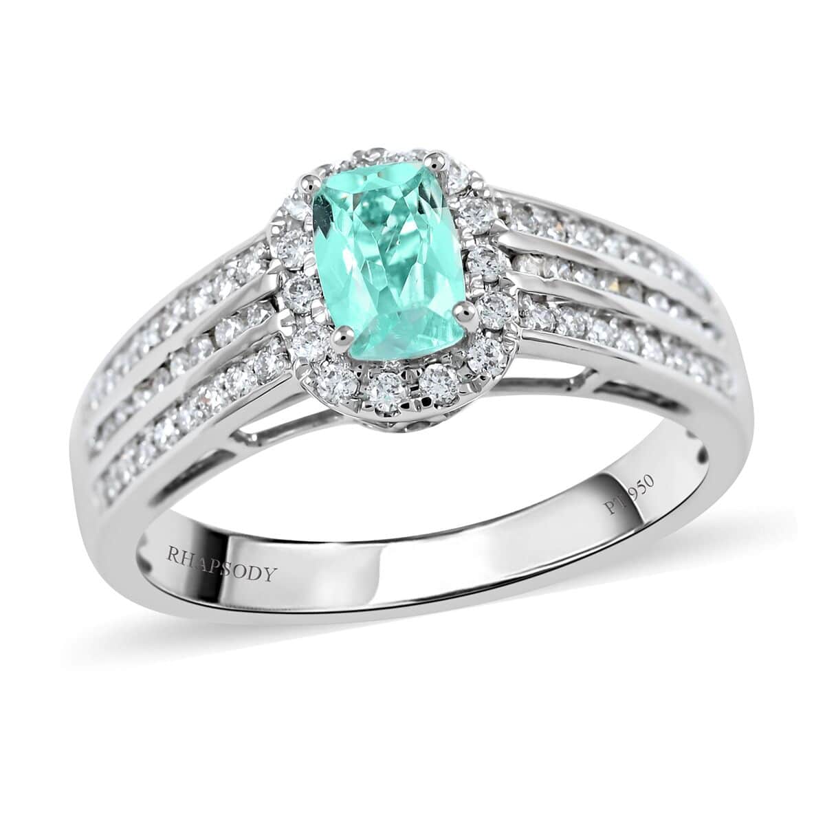 Certified & Appraised Rhapsody AAAA Paraiba Tourmaline and E-F VS Diamond 0.90 ctw Ring in 950 Platinum (Size 7.0) 6.42 Grams image number 0