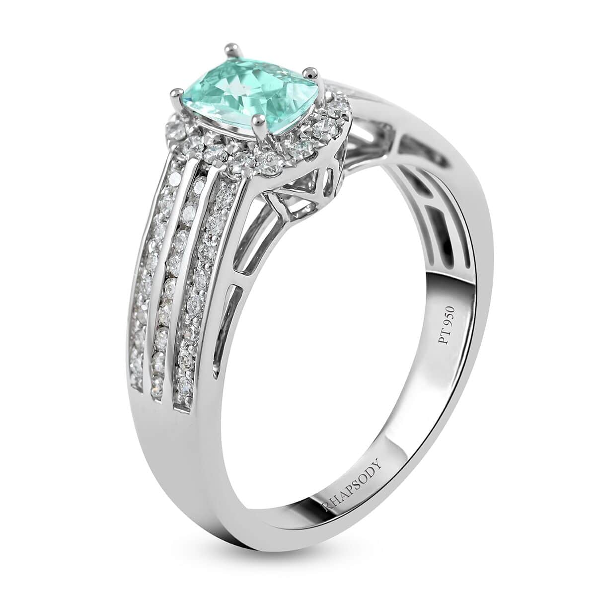 Certified & Appraised Rhapsody AAAA Paraiba Tourmaline and E-F VS Diamond 0.90 ctw Ring in 950 Platinum (Size 7.0) 6.42 Grams image number 3