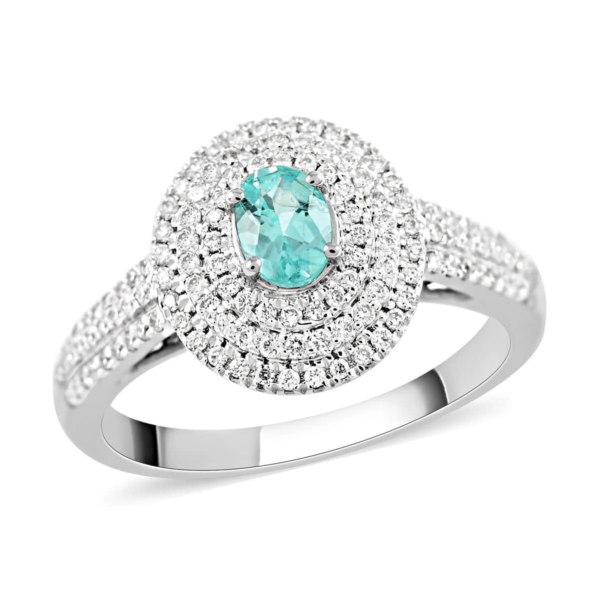 Certified Rhapsody 950 Platinum AAAA Paraiba Tourmaline and E-F VS Diamond Double Halo Ring (Size 7.0) 6.42 Grams 0.90 ctw image number 0