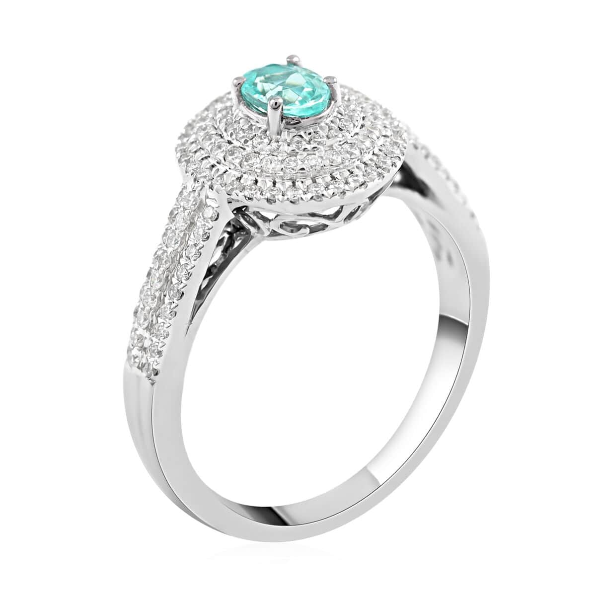 Certified Rhapsody 950 Platinum AAAA Paraiba Tourmaline and E-F VS Diamond Double Halo Ring (Size 7.0) 6.42 Grams 0.90 ctw image number 3