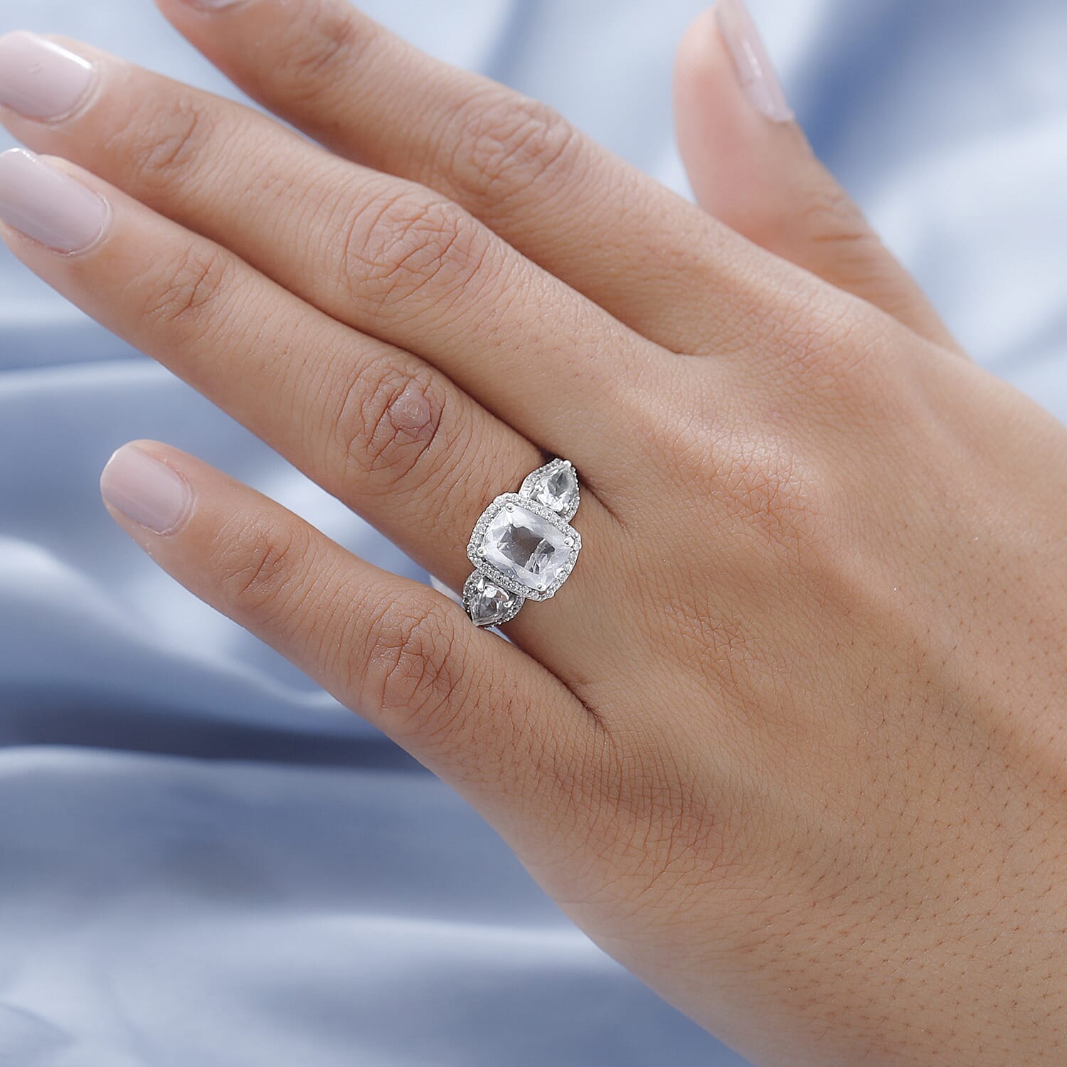 Mexican Hyalite Opal and Natural White Zircon Ring in Platinum Over Sterling Silver (Size 10.0) 2.60 ctw with Free UV Torch