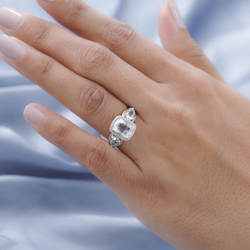 Mexican Hyalite Opal and Natural White Zircon Ring in Platinum Over Sterling Silver (Size 10.0) 2.60 ctw with Free UV Torch