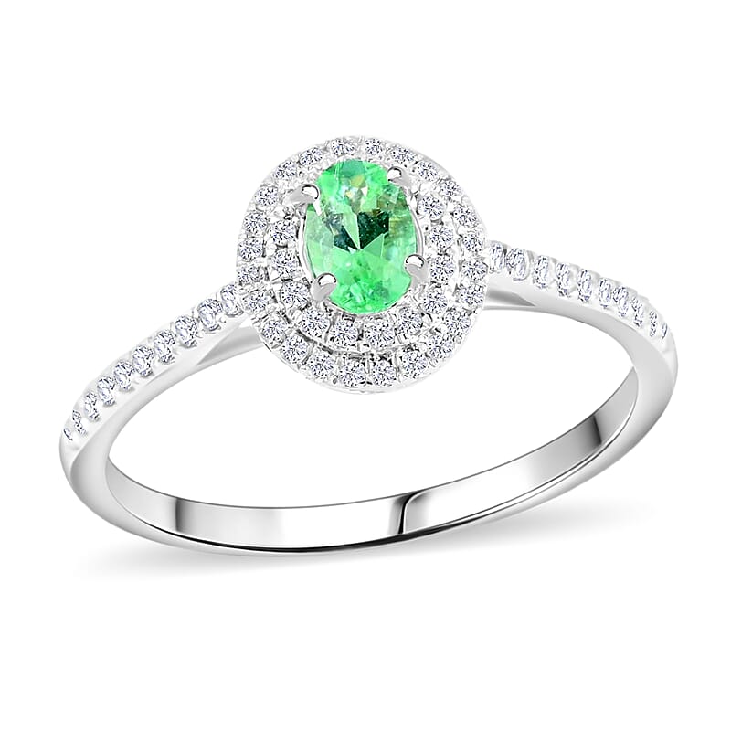 Certified & Appraised Rhapsody 950 Platinum AAAA Paraiba Tourmaline and E-F VS Diamond Double Halo Ring (Size 6.0) 0.60 ctw