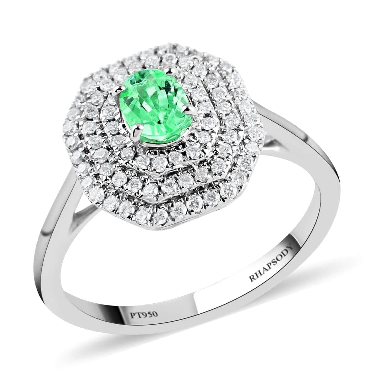 Certified & Appraised Rhapsody 950 Platinum AAAA Paraiba Tourmaline and E-F VS Diamond Double Halo Ring (Size 6.0) 5.35 Grams 0.70 ctw image number 0