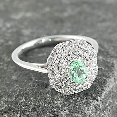 Certified & Appraised Rhapsody 950 Platinum AAAA Paraiba Tourmaline and E-F VS Diamond Double Halo Ring (Size 6.0) 5.35 Grams 0.70 ctw