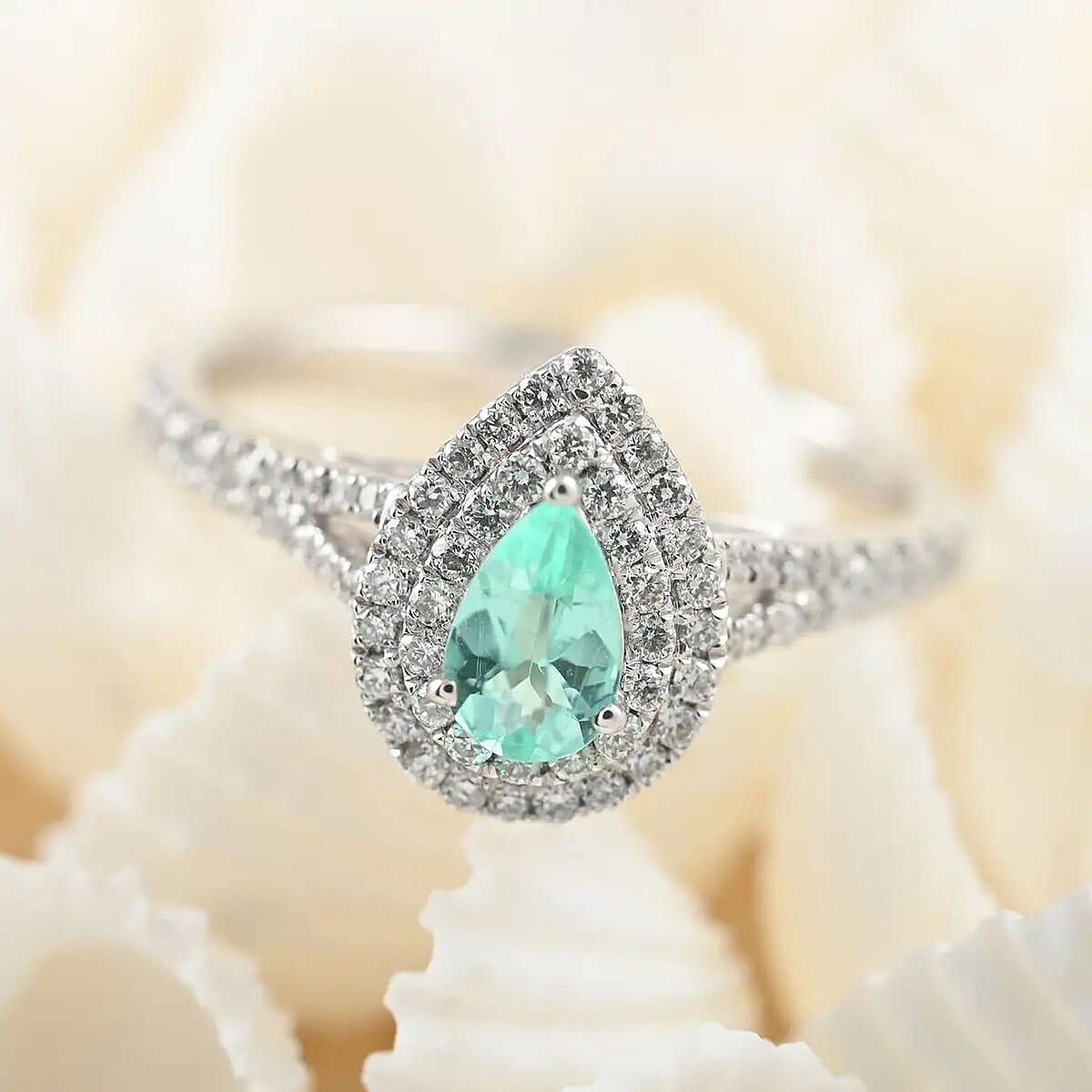 Certified Rhapsody AAAA Paraiba Tourmaline and E-F VS Diamond 0.65 ctw Double Halo Ring in 950 Platinum (Size 9.0) 4.25 Grams image number 1
