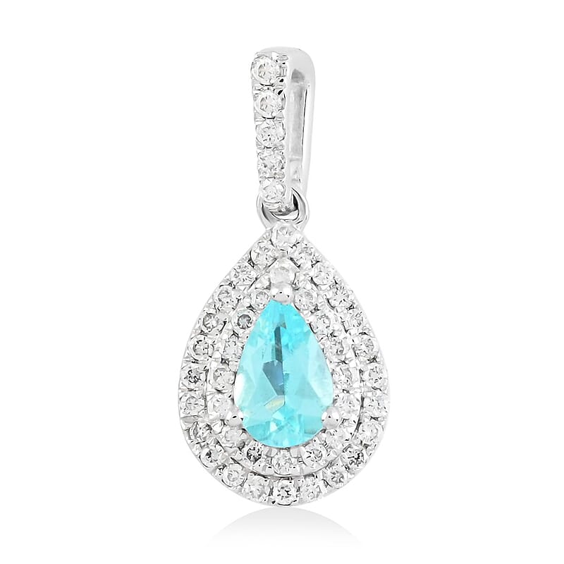 Certified and Appraised Rhapsody 950 Platinum AAAA Paraiba Tourmaline and E-F VS Diamond Double Halo Pendant 0.50 ctw