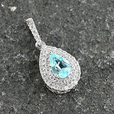 Certified and Appraised Rhapsody 950 Platinum AAAA Paraiba Tourmaline and E-F VS Diamond Double Halo Pendant 0.50 ctw