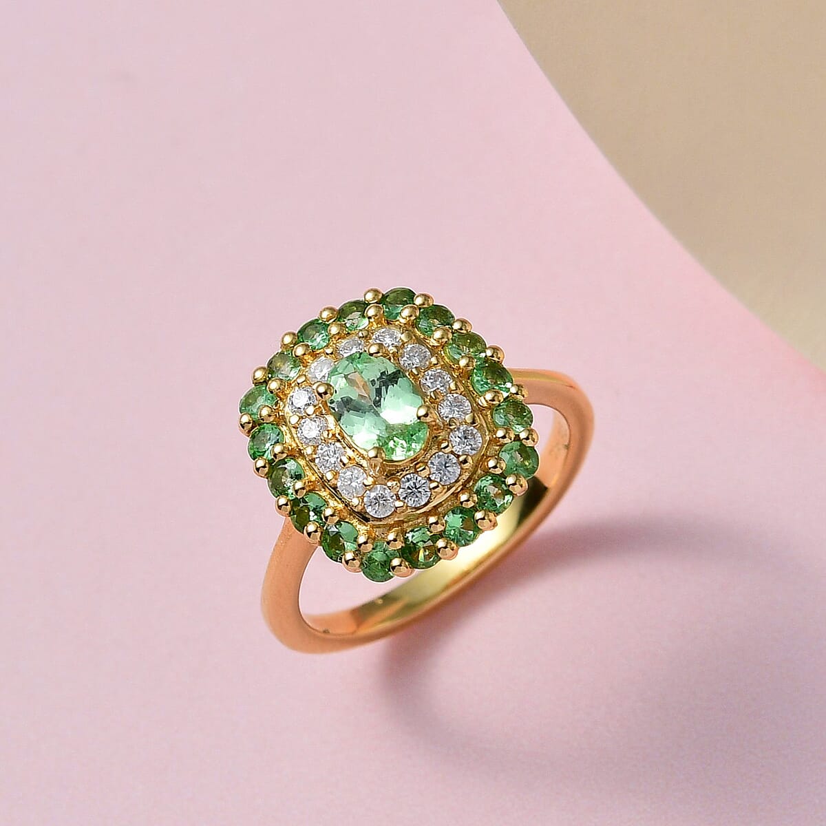 Premium Natural Tsavorite Garnet and Moissanite Double Halo Ring in Vermeil Yellow Gold Over Sterling Silver 1.40 ctw image number 1