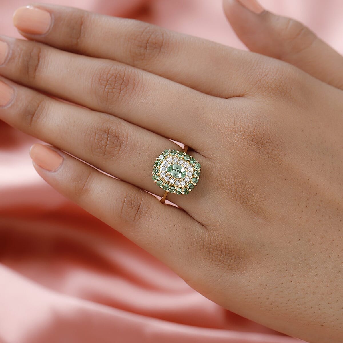 Premium Natural Tsavorite Garnet and Moissanite Double Halo Ring in Vermeil Yellow Gold Over Sterling Silver 1.40 ctw image number 2