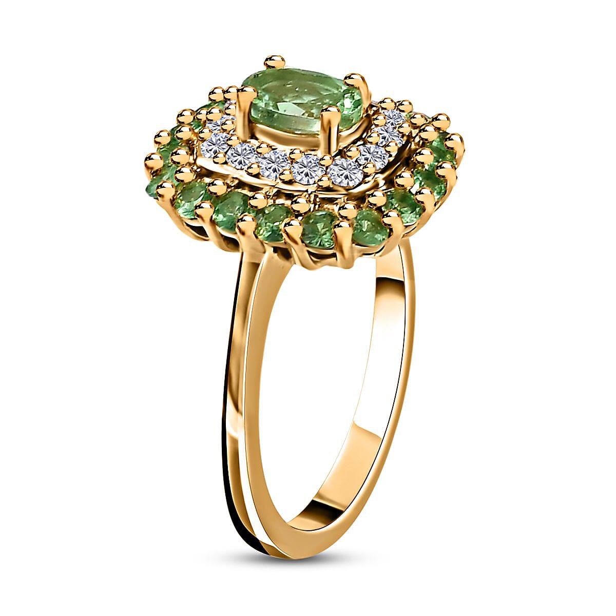 Premium Natural Tsavorite Garnet and Moissanite Double Halo Ring in Vermeil Yellow Gold Over Sterling Silver 1.40 ctw image number 3