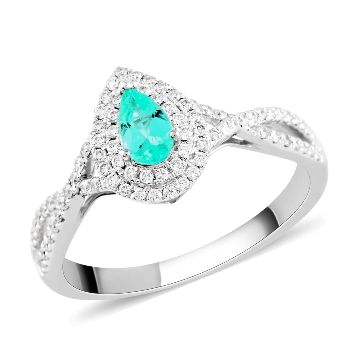 Doorbuster Certified & Appraised RHAPSODY 950 Platinum AAAA Paraiba Tourmaline and E-F VS Diamond Ring 5 Grams 0.65 ctw image number 0