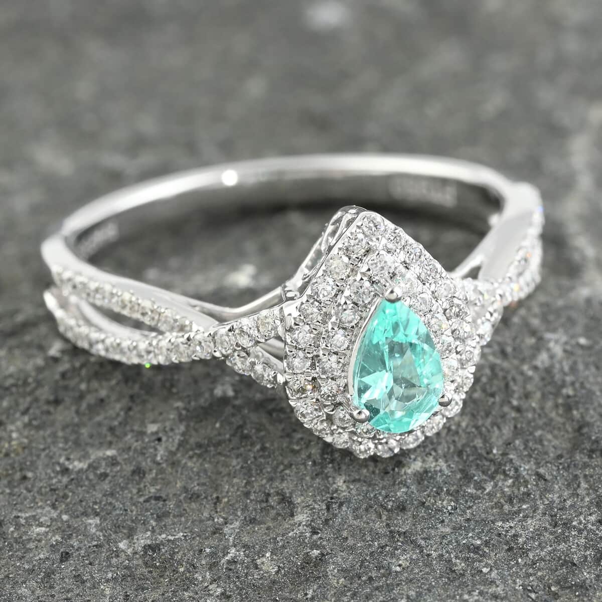 Doorbuster Certified & Appraised RHAPSODY 950 Platinum AAAA Paraiba Tourmaline and E-F VS Diamond Ring 5 Grams 0.65 ctw image number 1