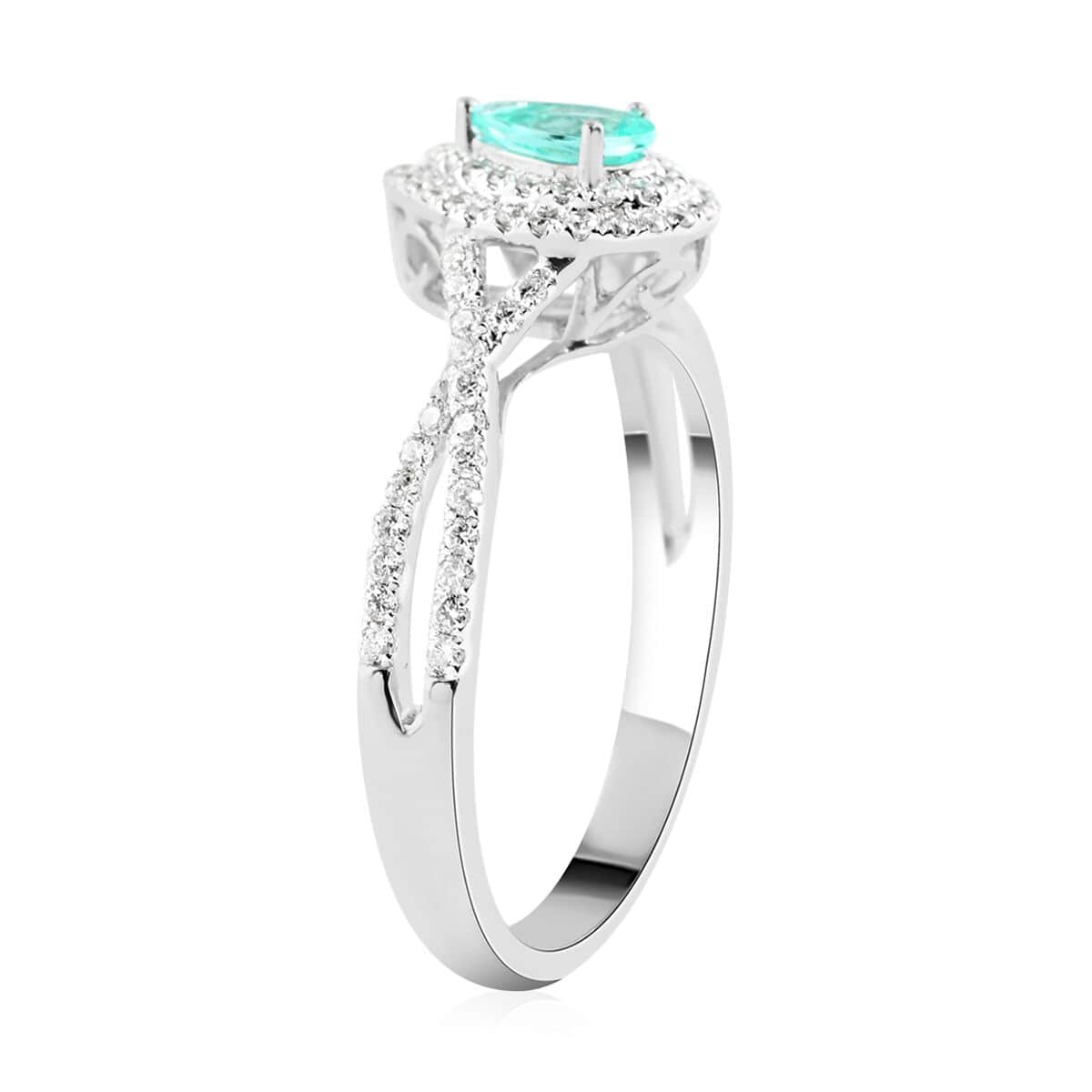 Doorbuster Certified & Appraised RHAPSODY 950 Platinum AAAA Paraiba Tourmaline and E-F VS Diamond Ring 5 Grams 0.65 ctw image number 3