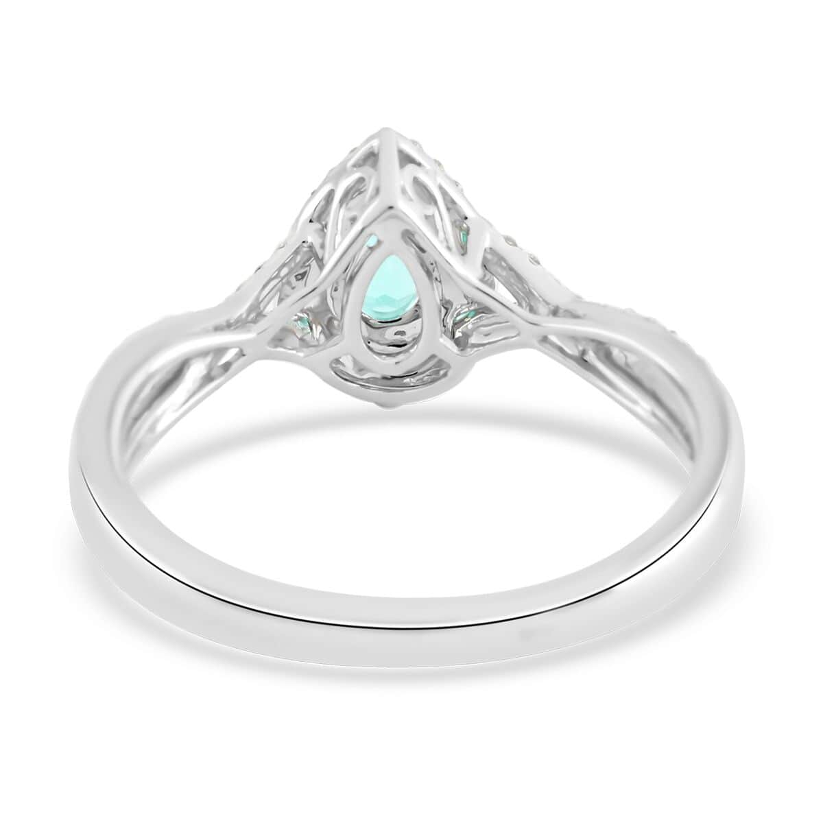 Doorbuster Certified & Appraised RHAPSODY 950 Platinum AAAA Paraiba Tourmaline and E-F VS Diamond Ring 5 Grams 0.65 ctw image number 4