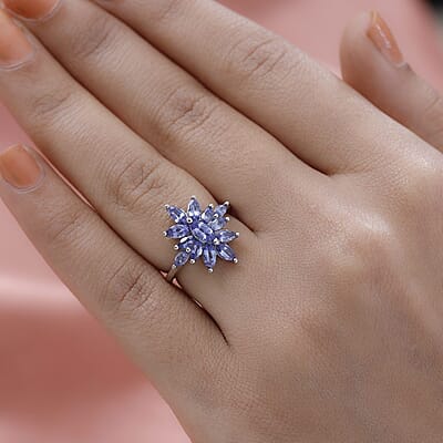 AAA Tanzanite Floral Ring in Platinum Over Sterling Silver (Size 10.0) 1.75 ctw