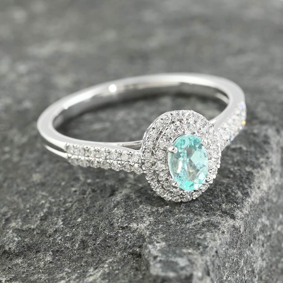 Doorbuster Certified & Appraised RHAPSODY 950 Platinum AAAA Paraiba Tourmaline and E-F VS Diamond Double Halo Ring 4.45 Grams 0.65 ctw image number 1